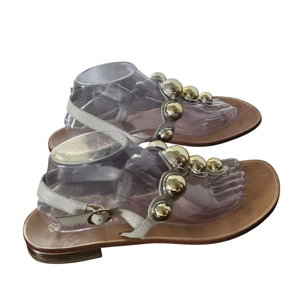 Trina Turk Womens 10M Gold Orb Embellished Leather T-Strap Thong Sandals Silver